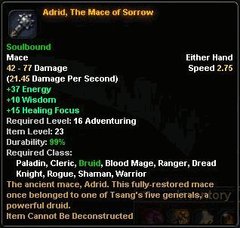 In-game tooltip for Adrid, The Mace of Sorrow