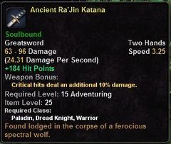 In-game tooltip for Ancient Ra'Jin Katana