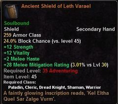 In-game tooltip for Ancient Shield of Leth Varael