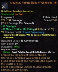 In-game tooltip for Arazmus, Robust Blade of Genocide