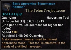 In-game tooltip for Basic Apprentice Stonemason Hammer