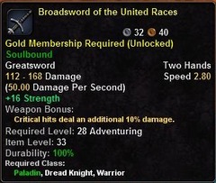 In-game tooltip for Broadsword of the United Races