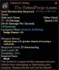 In-game tooltip for Claws of Tarkas