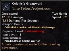 In-game tooltip for Colonist's Greatsword