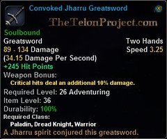 In-game tooltip for Convoked Jharru Greatsword