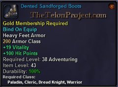 In-game tooltip for Dented Sandforged Boots