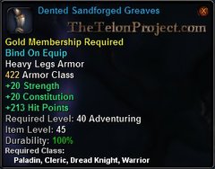 In-game tooltip for Dented Sandforged Greaves