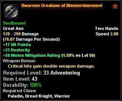 In-game tooltip for Dwarven Greataxe of Dismemberment