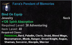In-game tooltip for Farra's Pendant Of Memories