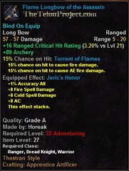 In-game tooltip for Flame Longbow of the Assassin