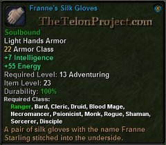 In-game tooltip for Franne's Silk Gloves