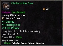 In-game tooltip for Girdle of the Sun