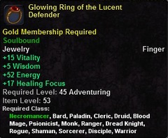 In-game tooltip for Glowing Ring of the Lucent Defender