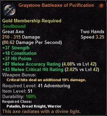 In-game tooltip for Graystone Battleaxe of Purification