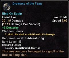 In-game tooltip for Greataxe Of The Fang