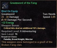 In-game tooltip for Greatsword Of The Fang