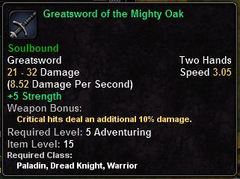 In-game tooltip for Greatsword Of The Mighty Oak