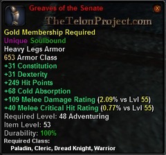 In-game tooltip for Greaves of the Senate