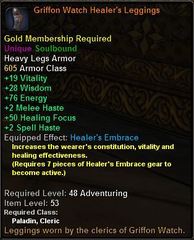 In-game tooltip for Griffon Watch Healer's Leggings