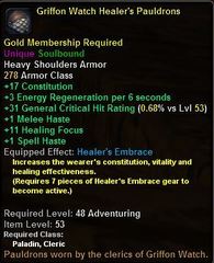 In-game tooltip for Griffon Watch Healer's Pauldrons