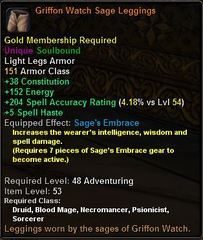 In-game tooltip for Griffon Watch Sage Leggings