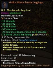 In-game tooltip for Griffon Watch Scout's Leggings