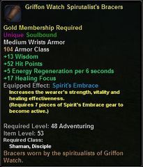 In-game tooltip for Griffon Watch Spiritualist's Bracers