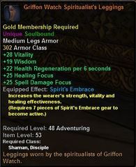 In-game tooltip for Griffon Watch Spiritualist's Leggings