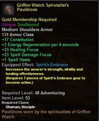 In-game tooltip for Griffon Watch Spiritualist's Pauldrons