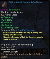 In-game tooltip for Griffon Watch Spirutalist's Gloves