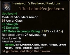 In-game tooltip for Heartsworn's Feathered Pauldrons