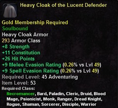 In-game tooltip for Heavy Cloak of the Lucent Defender