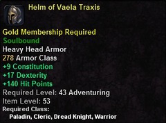 In-game tooltip for Helm of Vaela Traxis