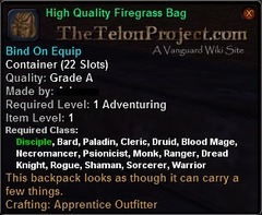 In-game tooltip for High Quality Firegrass Bag