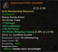 In-game tooltip for Impervious Chitin Gauntlets
