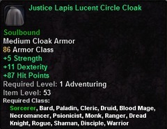 In-game tooltip for Justice Lapis Lucent Circle Cloak