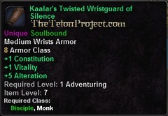 In-game tooltip for Kaalar's Twisted Wristguard of Silence