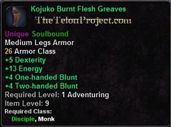 In-game tooltip for Kojuko Burnt Flesh Greaves