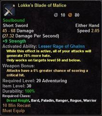 In-game tooltip for Lokke's Blade Of Malice