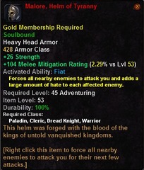 In-game tooltip for Malore, Helm of Tyranny