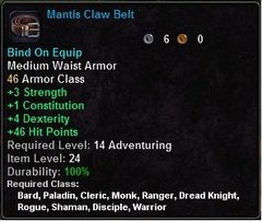 In-game tooltip for Mantis Claw Belt
