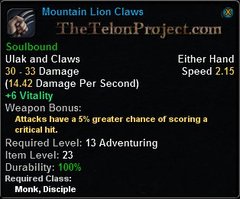 In-game tooltip for Mountain Lion Claws