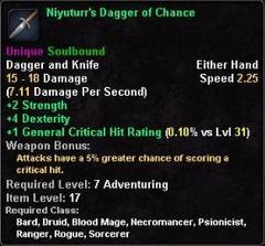 In-game tooltip for Niyuturr's Dagger of Chance