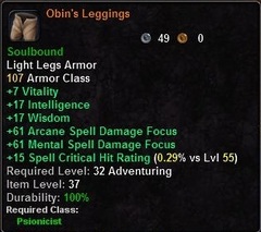 In-game tooltip for Obin's Leggings