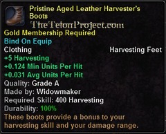 In-game tooltip for Pristine Aged Leather Harvester's Boots