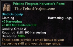 In-game tooltip for Pristine Firegrass Harvester's Pants