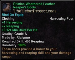In-game tooltip for Pristine Weathered Leather Reaper's Boots