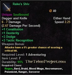 In-game tooltip for Rake's Shiv