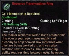In-game tooltip for Resource Transmutation Ring