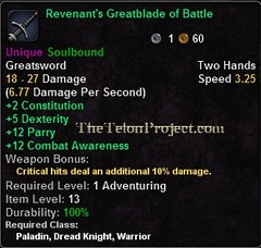 In-game tooltip for Revenant's Greatblade of Battle